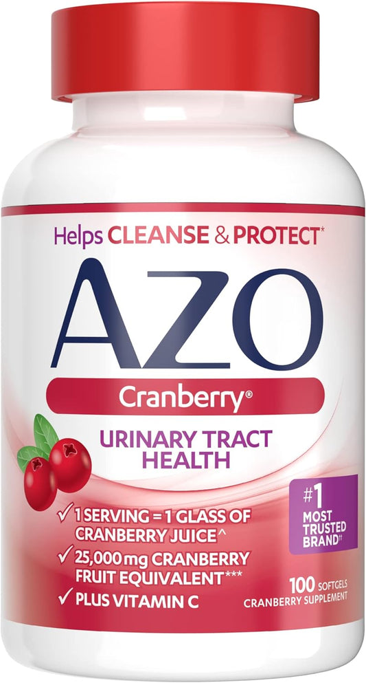 AZO Cranberry Supplement, Made with Concentrated Whole Fruit Cranberry Powder to Help Cleanse and Protect the Urinary Tract*, Sugar Free Cranberry Pills, Non-GMO, Softgels