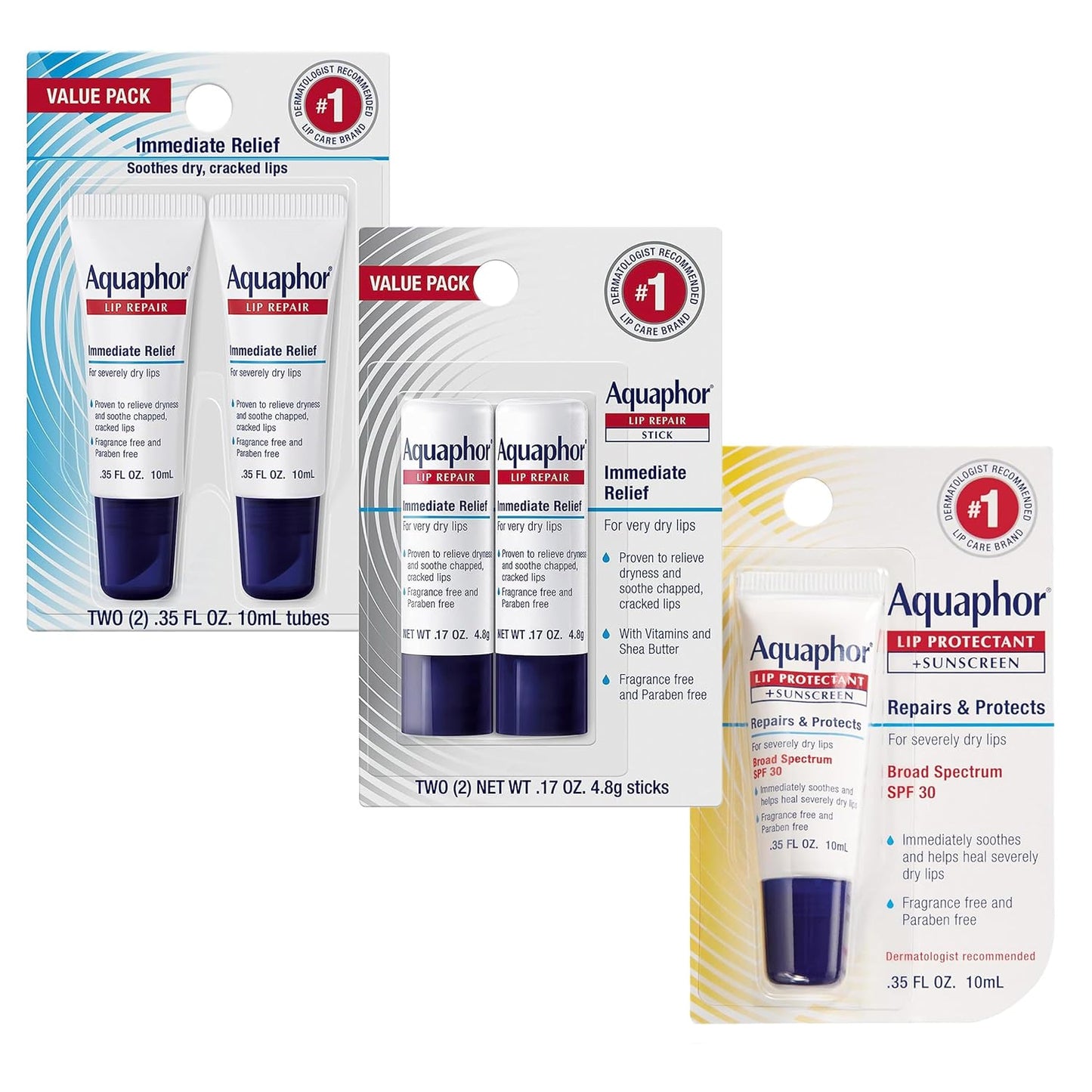 Aquaphor Lip Repair Tubes, Lip Ointment for Chapped Lips, Moisturizing Lip Balm, 0.35 ounce tubes