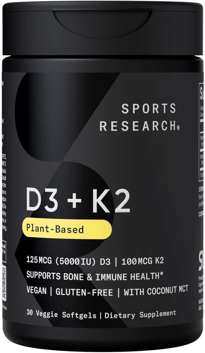 Sports Research Vitamin D3 K2 with Coconut Oil | Plant Based Vitamin K2 MK7 + Vegan D3 5000iu | Vegan Certified, Soy & Gluten Free