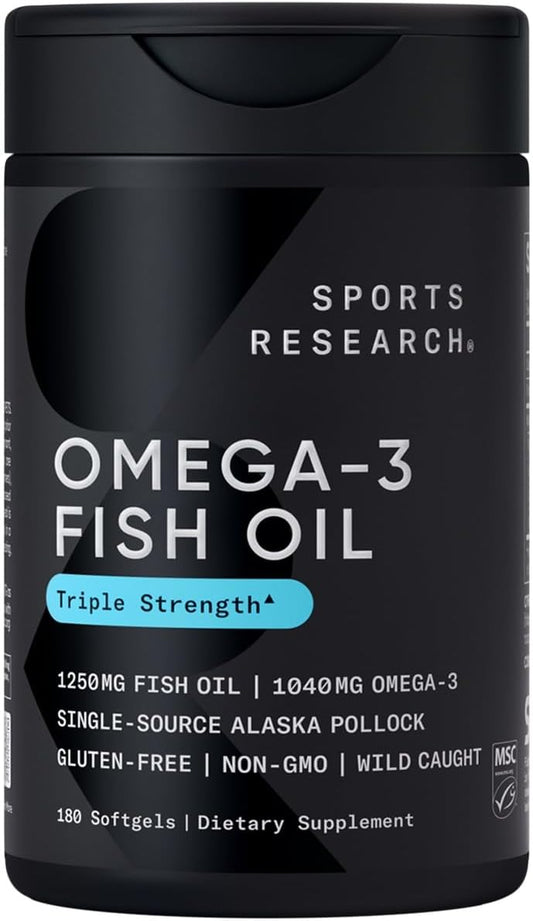 Sports Research Triple Strength Omega 3 Fish Oil - Burpless Fish Oil Supplement w/EPA & DHA Fatty Acids from Single-Source Wild Alaska Pollock - 1250 mg