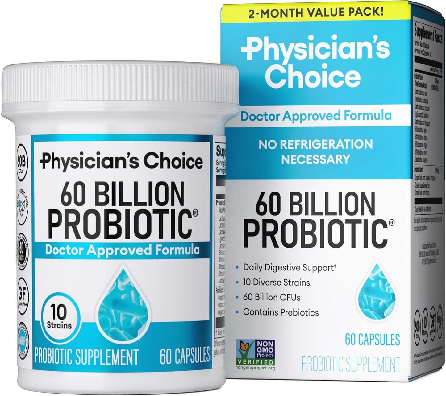 Physician's CHOICE Probiotics 60 Billion CFU - 10 Strains + Organic Prebiotics - Immune, Digestive & Gut Health - Supports Occasional Constipation, Diarrhea, Gas & Bloating - for Women & Men