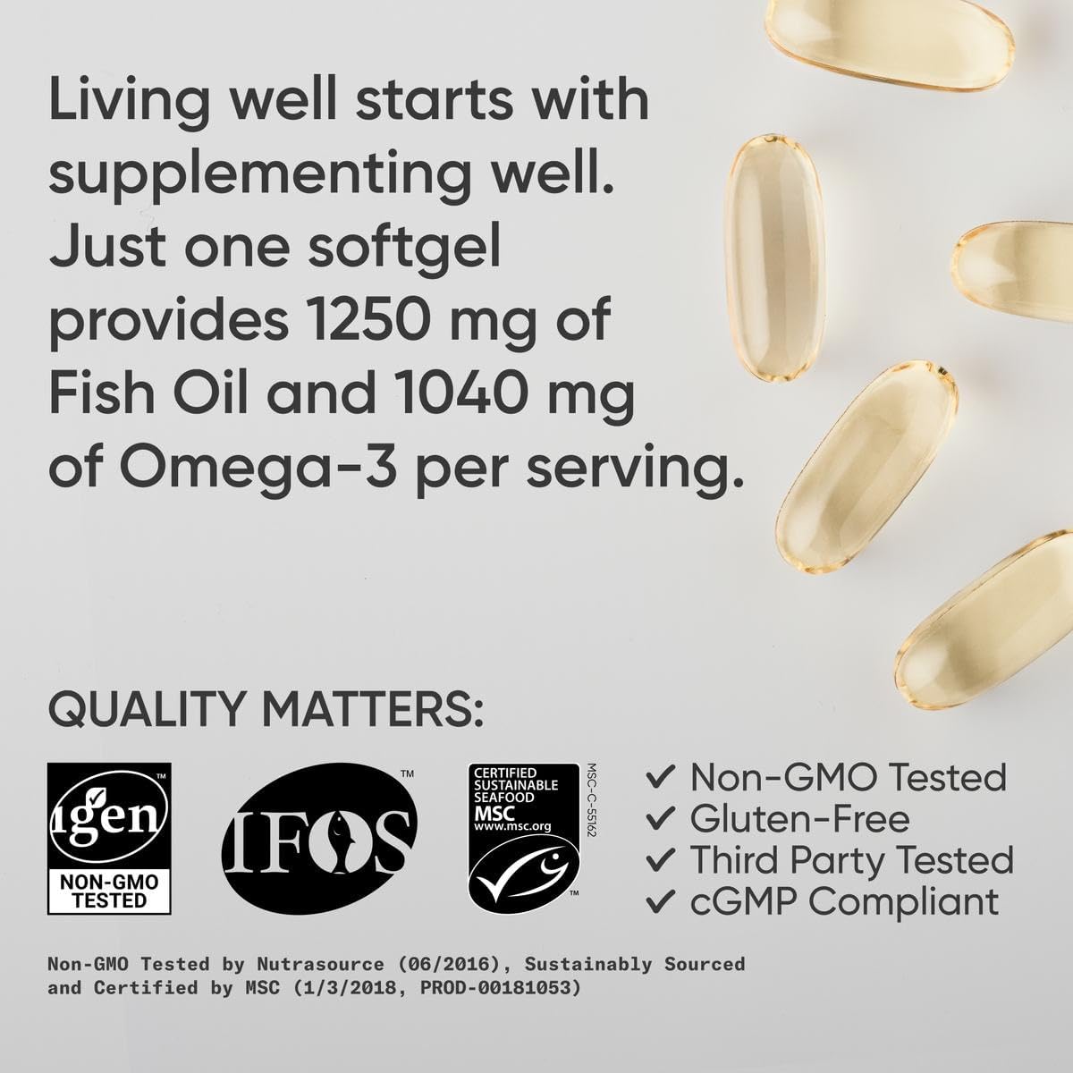 Sports Research Triple Strength Omega 3 Fish Oil - Burpless Fish Oil Supplement w/EPA & DHA Fatty Acids from Single-Source Wild Alaska Pollock - 1250 mg