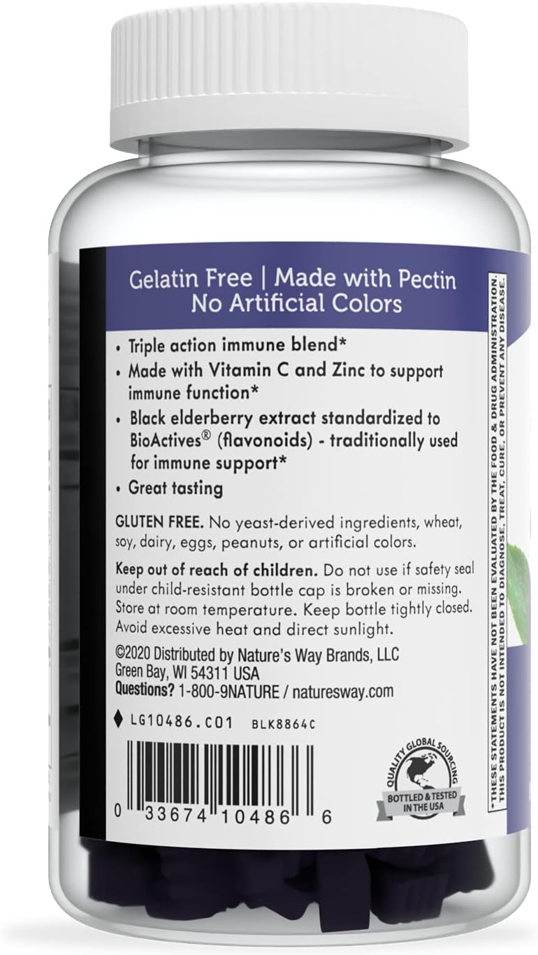 Nature’s Way Sambucus Elderberry Immune Gummies, Daily Immune Support for Kids and Adults*, with Vitamin C, Vitamin D3, Zinc, Gluten Free, Vegetarian, 60 Gummies (Packaging May Vary)