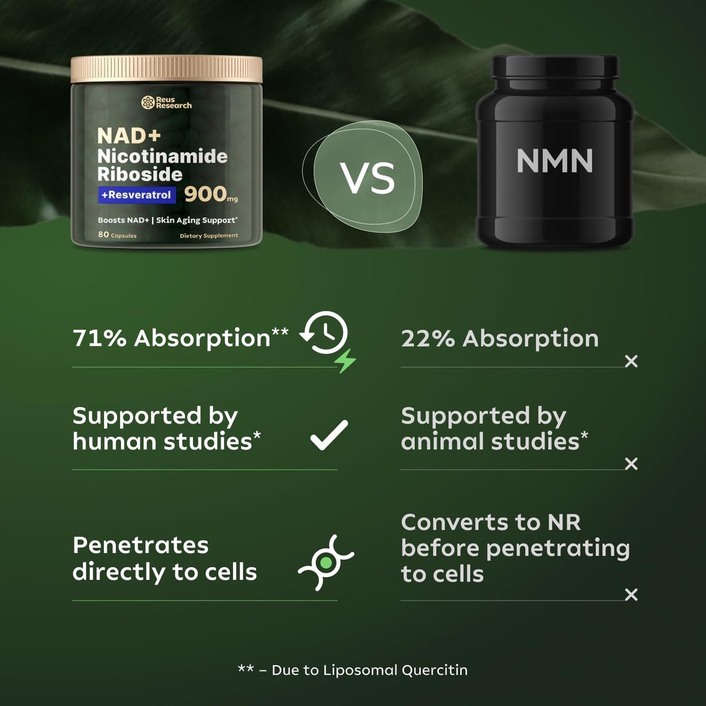 Reus Research NMN Supplement Alternative - Liposomal Nicotinamide Riboside w/Resveratrol & Quercetin - High Purity NAD Supplement for Anti-Aging, Energy, Focus - 80 Capsules