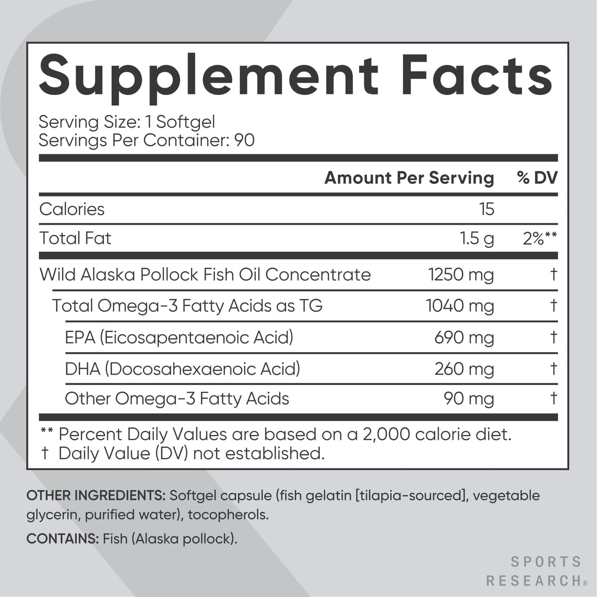 Sports Research Triple Strength Omega 3 Fish Oil - Burpless Fish Oil Supplement w/EPA & DHA Fatty Acids from Single-Source Wild Alaska Pollock - 1250 mg