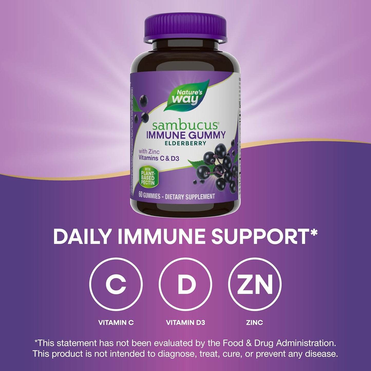 Nature’s Way Sambucus Elderberry Immune Gummies, Daily Immune Support for Kids and Adults*, with Vitamin C, Vitamin D3, Zinc, Gluten Free, Vegetarian, 60 Gummies (Packaging May Vary)