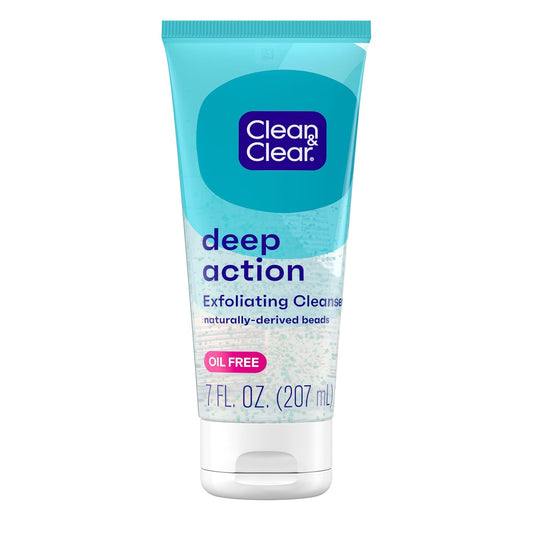 Clean & Clear Deep Action Exfoliating Cleanser with Pro-Vitamin B5, Gentle Exfoliating Daily Face Scrub Cleans Deep Down to the Pore for Soft, Smooth, Hydrated Skin, Oil Free Face Wash, 7 FL OZ