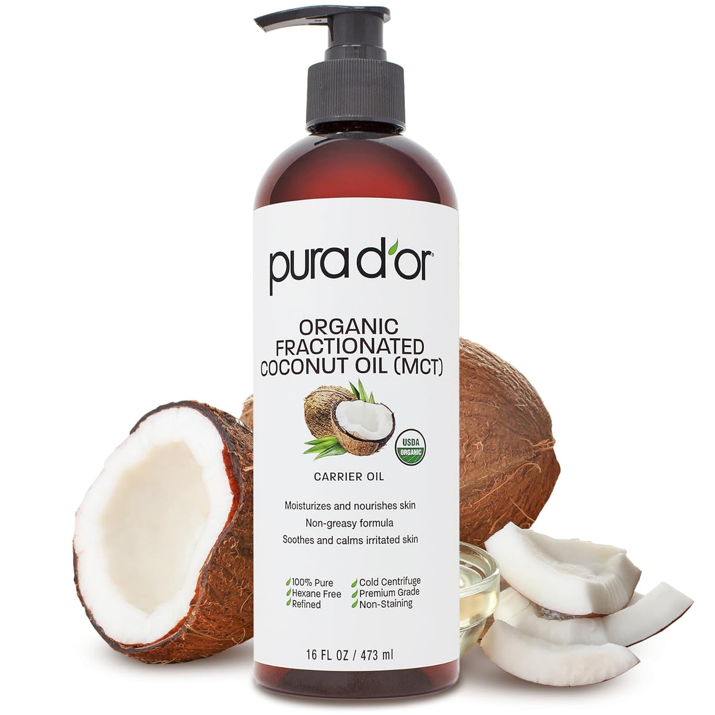 PURA D'OR 16 Oz ORGANIC Fractionated Coconut Oil - MCT Oil - 100% Pure & Natural USDA Certified Cold Pressed Carrier Oil - Unscented, Hexane Free Moisturizer For Face, Skin & Hair Tonic - Men & Women