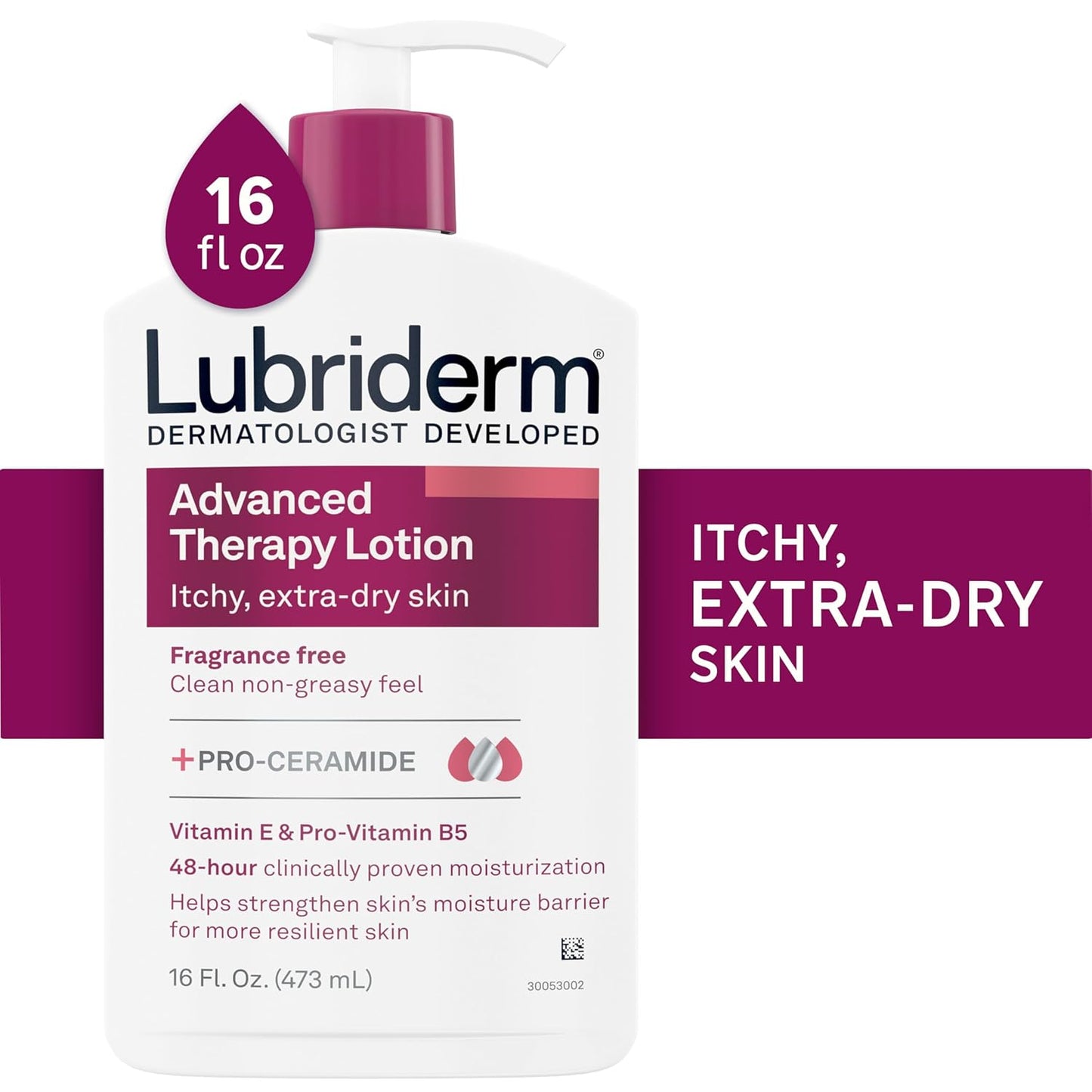 Lubriderm Advanced Therapy Fragrance Free Moisturizing Hand & Body Lotion + Pro-Ceramide with Vitamins E & Pro-Vitamin B5, Intense Hydration for Itchy, Extra Dry Skin, Non-Greasy, 16 fl. oz