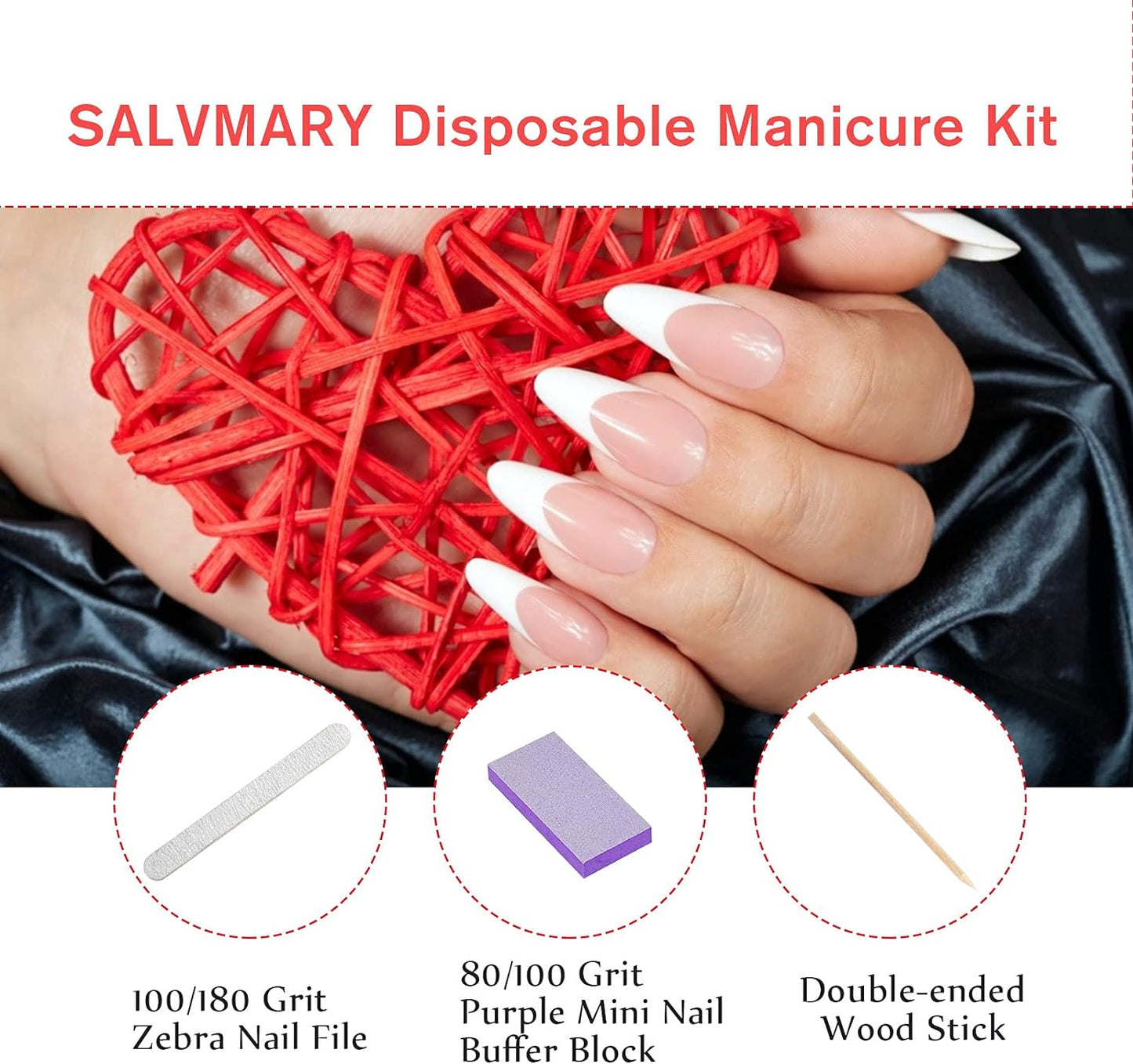 Professional Disposable Manicure Kit Basics 3 Piece Nail Kit, Wood Nail File 100/180 Grit, Mini Buffer 80/100 Grit, Wood Stick, 100 Set