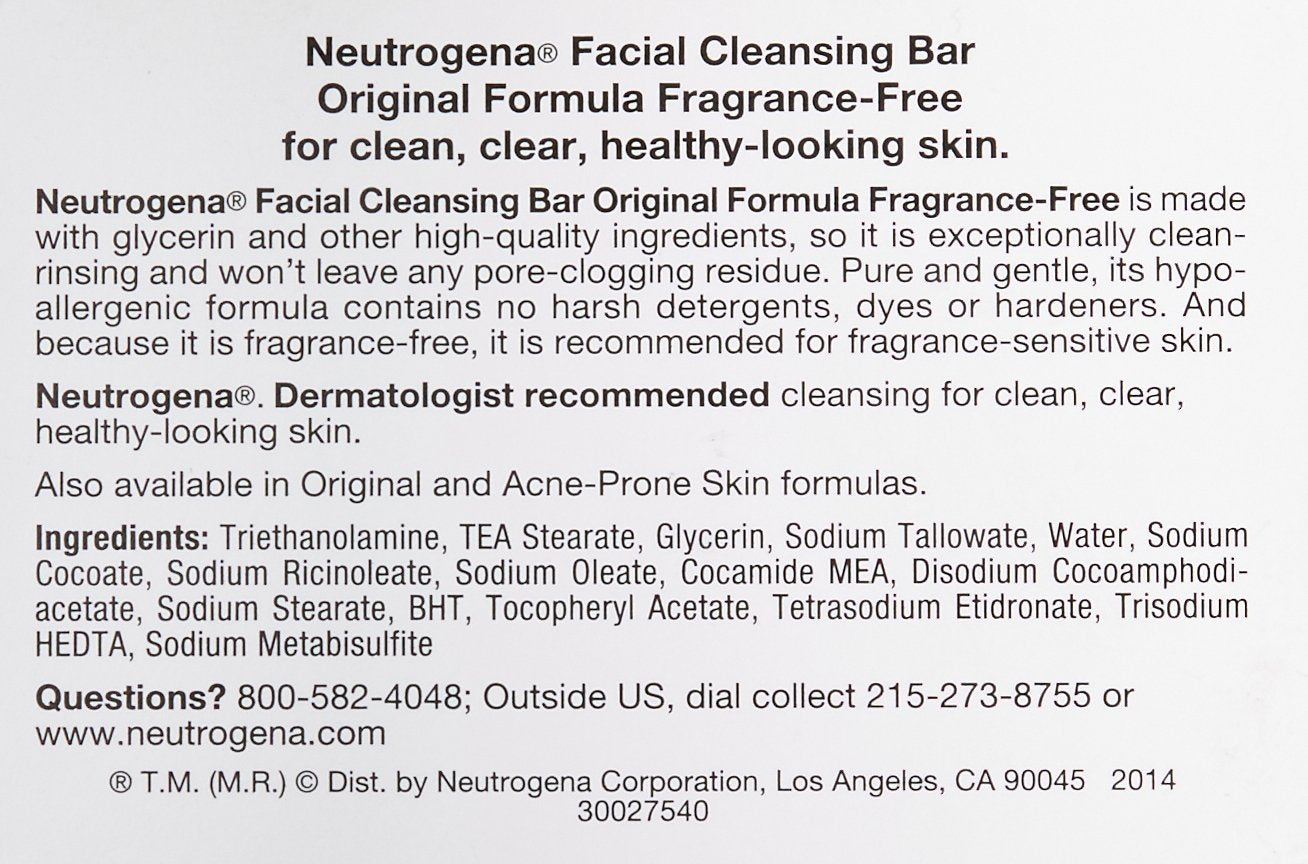 Neutrogena Original Fragrance-Free Facial Cleansing Bar with Glycerin, Pure & Transparent Gentle Face Wash Bar Soap, Free of Harsh Detergents, Dyes & Hardeners, 3.5 oz