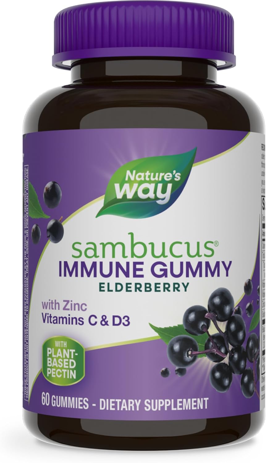 Nature’s Way Sambucus Elderberry Immune Gummies, Daily Immune Support for Kids and Adults*, with Vitamin C, Vitamin D3, Zinc, Gluten Free, Vegetarian, 60 Gummies (Packaging May Vary)