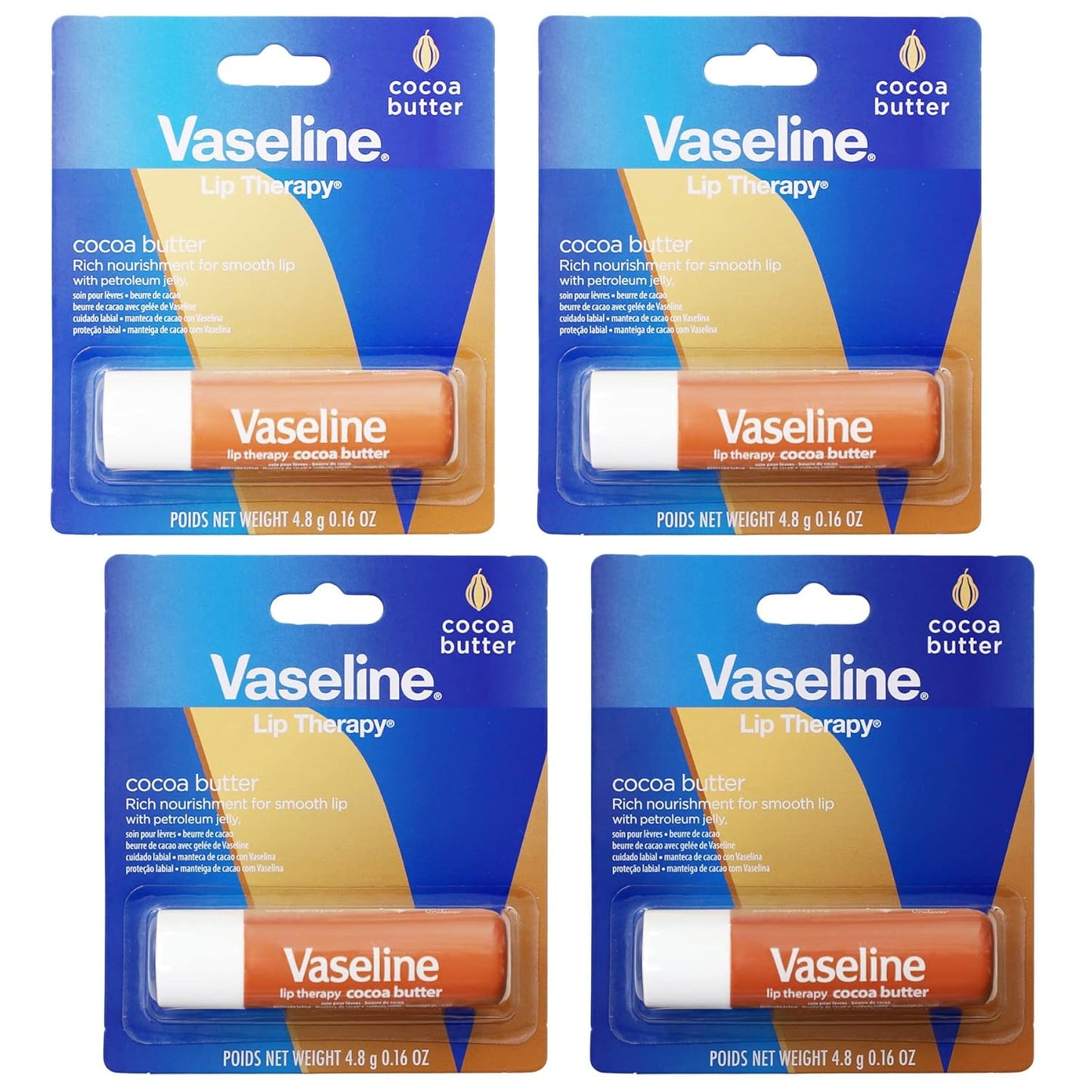 Vaseline Lip Therapy Care Cocoa Butter, Fast-Acting Nourishment, Ideal for Chapped, Dry, Cracked, or Damaged Lips, Lip Balm, 4-Pack, 0.16 Oz Each