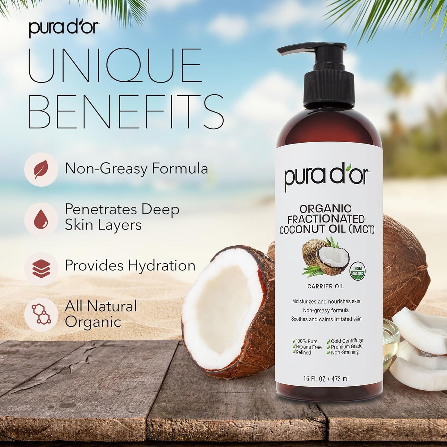 PURA D'OR 16 Oz ORGANIC Fractionated Coconut Oil - MCT Oil - 100% Pure & Natural USDA Certified Cold Pressed Carrier Oil - Unscented, Hexane Free Moisturizer For Face, Skin & Hair Tonic - Men & Women