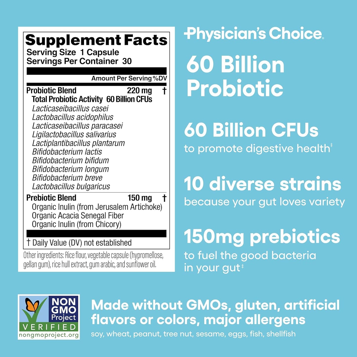 Physician's CHOICE Probiotics 60 Billion CFU - 10 Strains + Organic Prebiotics - Immune, Digestive & Gut Health - Supports Occasional Constipation, Diarrhea, Gas & Bloating - for Women & Men