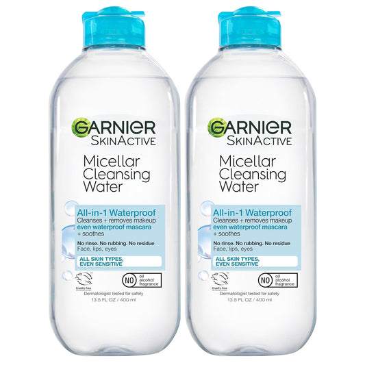 Garnier Micellar Water for Waterproof Makeup, Hydrating Facial Cleanser & Makeup Remover, Suitable for Sensitive Skin, Vegan, Cruelty Free, 13.5 Fl Oz (400mL), 2 Count