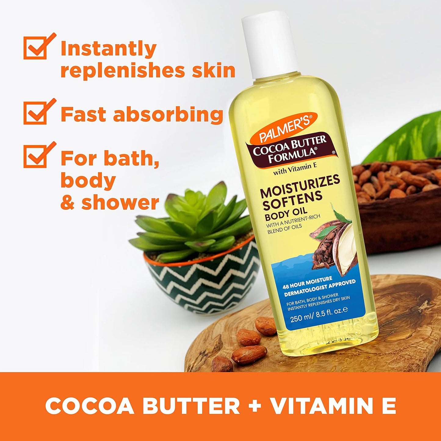 Palmer's Cocoa Butter Moisturizing Body Oil with Vitamin E, Radiant Looking Glow and Skin Hydration, Instant Absorption, Bath, Body and Shower, 8.5 Ounces