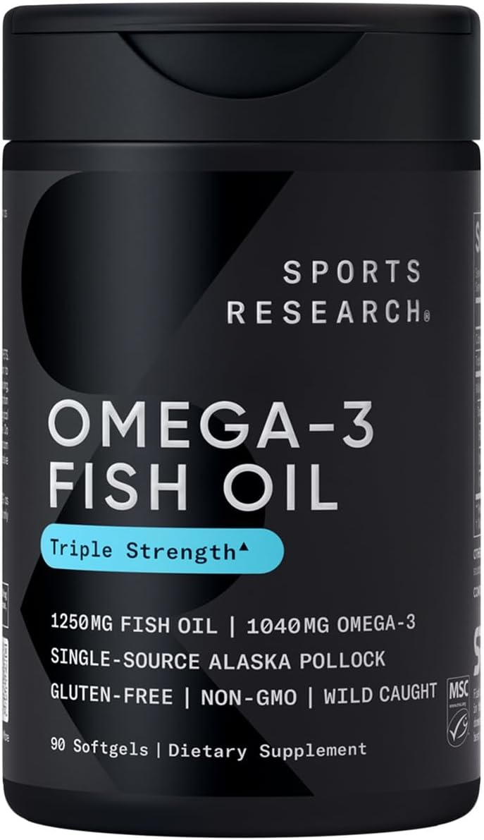 Sports Research Triple Strength Omega 3 Fish Oil - Burpless Fish Oil Supplement w/EPA & DHA Fatty Acids from Single-Source Wild Alaska Pollock - 1250 mg