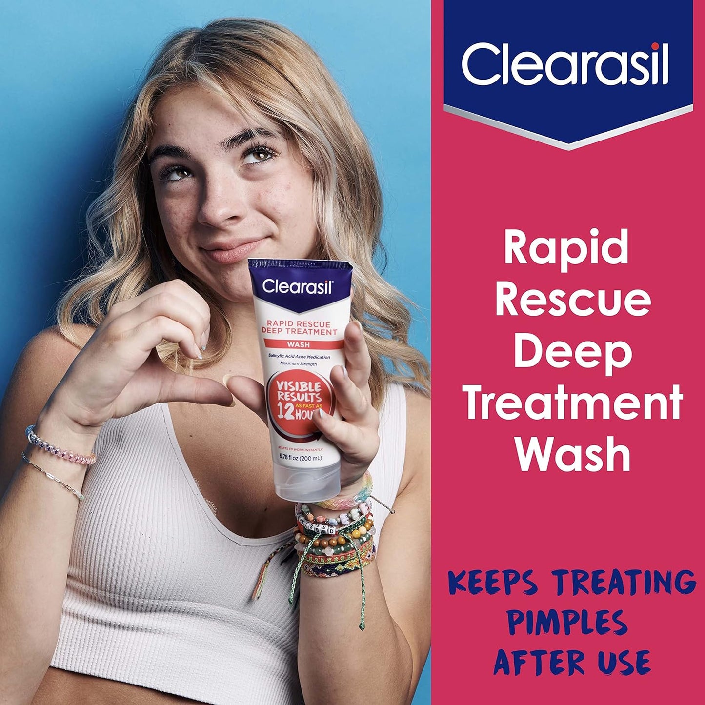 Clearasil Rapid Rescue Deep Treatment Acne Face Wash, Maximum Strenght with 2% Salicylic Acid Acne Medication, Acne Facial Cleanser, 6.78 fl oz