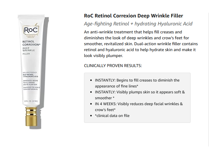 RoC Retinol Correxion Deep Wrinkle Facial Filler with Hyaluronic Acid & Retinol, Skin Care Stocking Stuffers for Men & Women, 1 Fl Oz (Packaging May Vary)